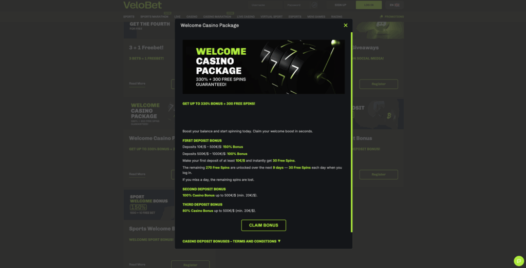 Welcome Velobet Bonus