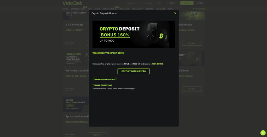 Crypto Deposit Bonus Velobet