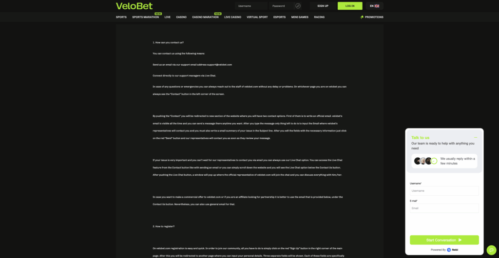 Customer Support Velobet